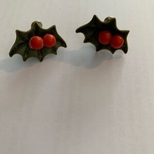 Vintage Holly and berries, screw back celluloid earrings